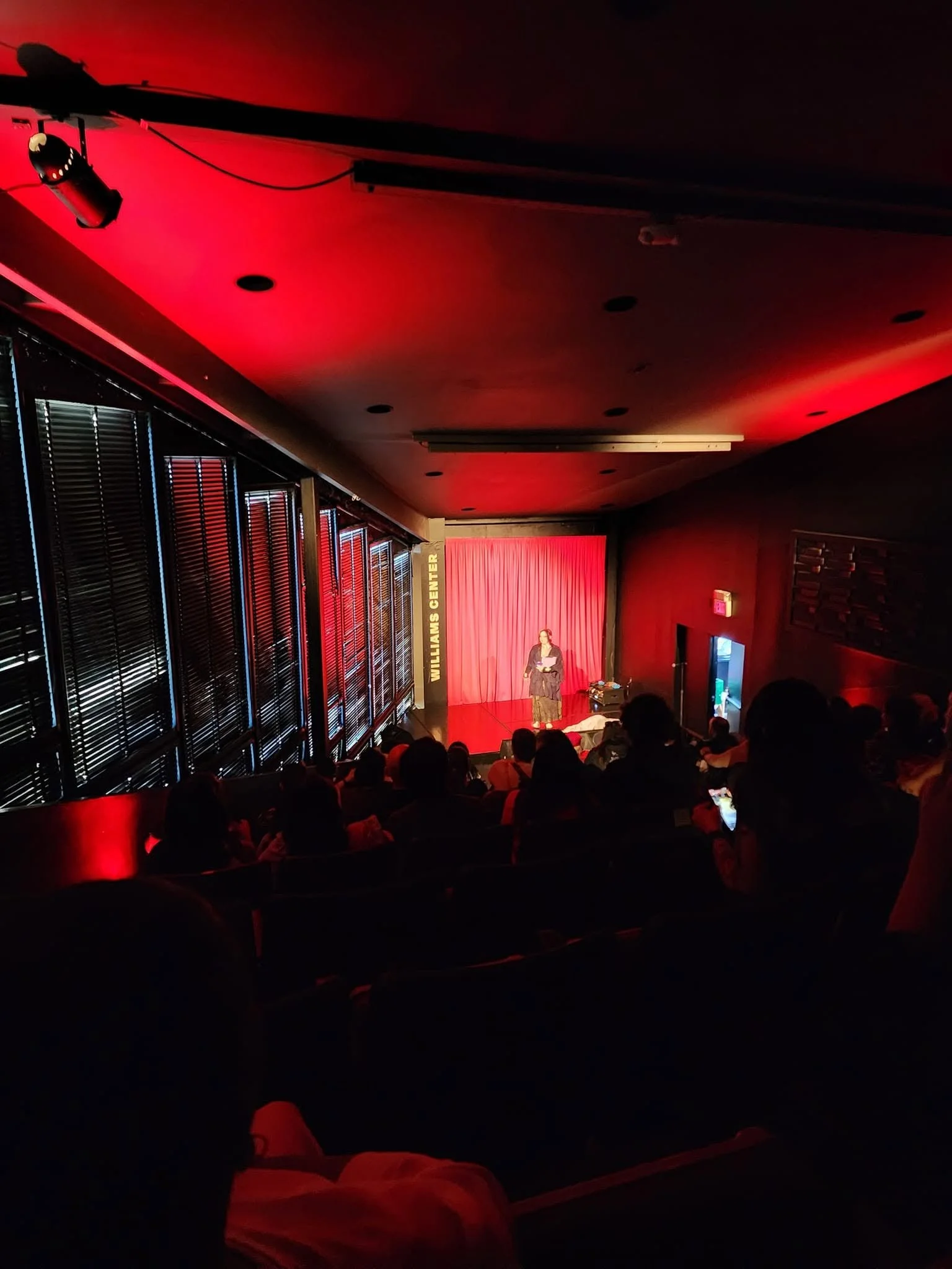 An indoor stage with a red curtain and a woman standing in front of it, with an audience seated in front. The room is dimly lit with red and blue lighting.