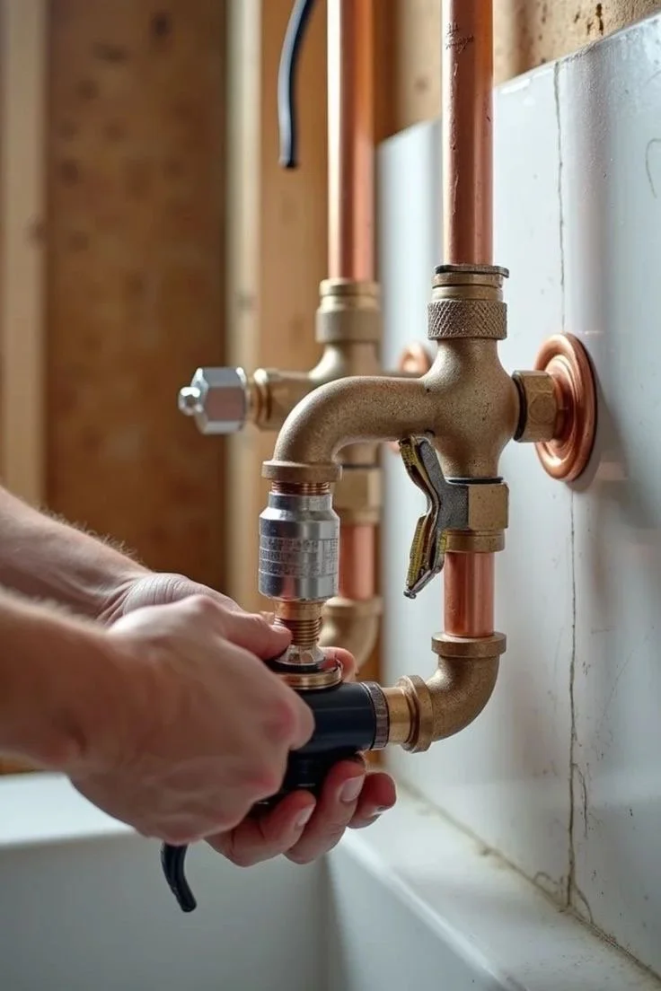 Une personne utilisant un outil pour assembler ou fixer une pièce de plomberie en cuivre sous un lavabo.
