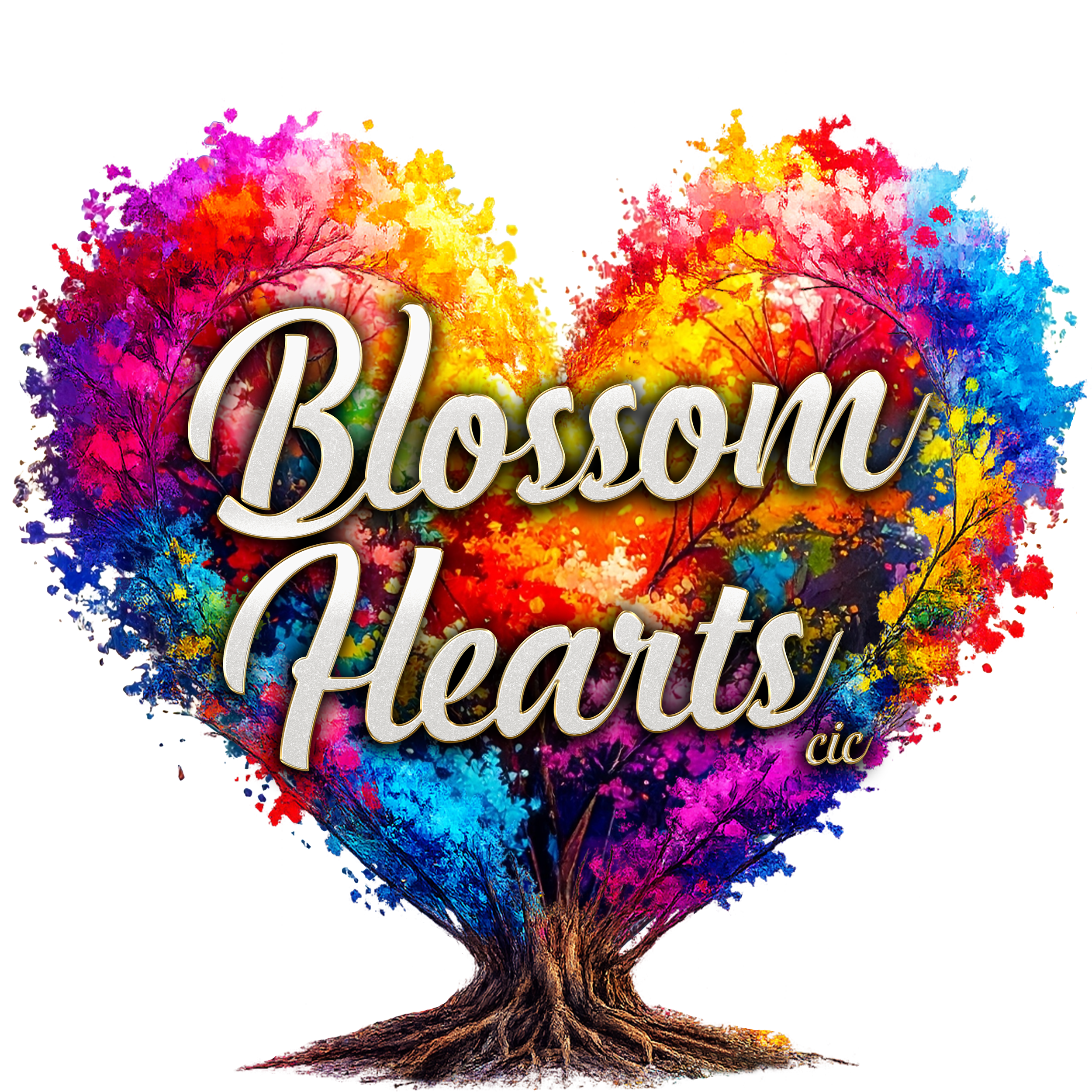 Vibrant Multicolour heart shaped tree with rainbow leaves and the words "Blossom Hearts" written across the front.