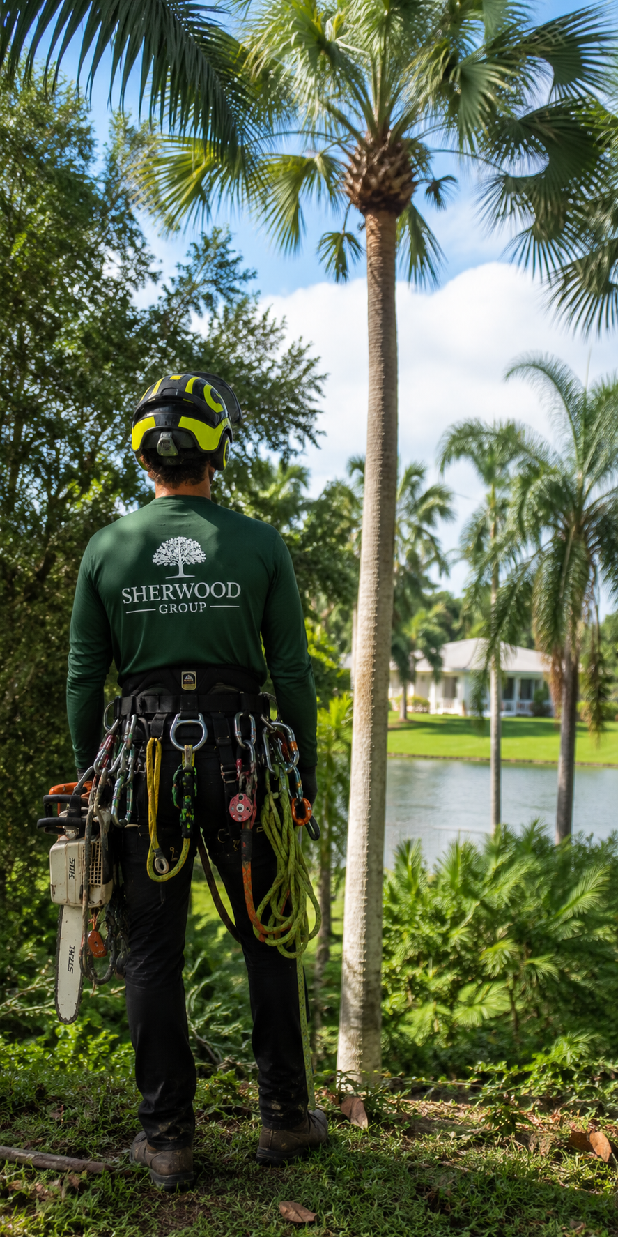 A tree service worker with a harness and climbing gear stands outdoors among palm trees near a lake, wearing a helmet and a green shirt with the Sherwood Group logo.
