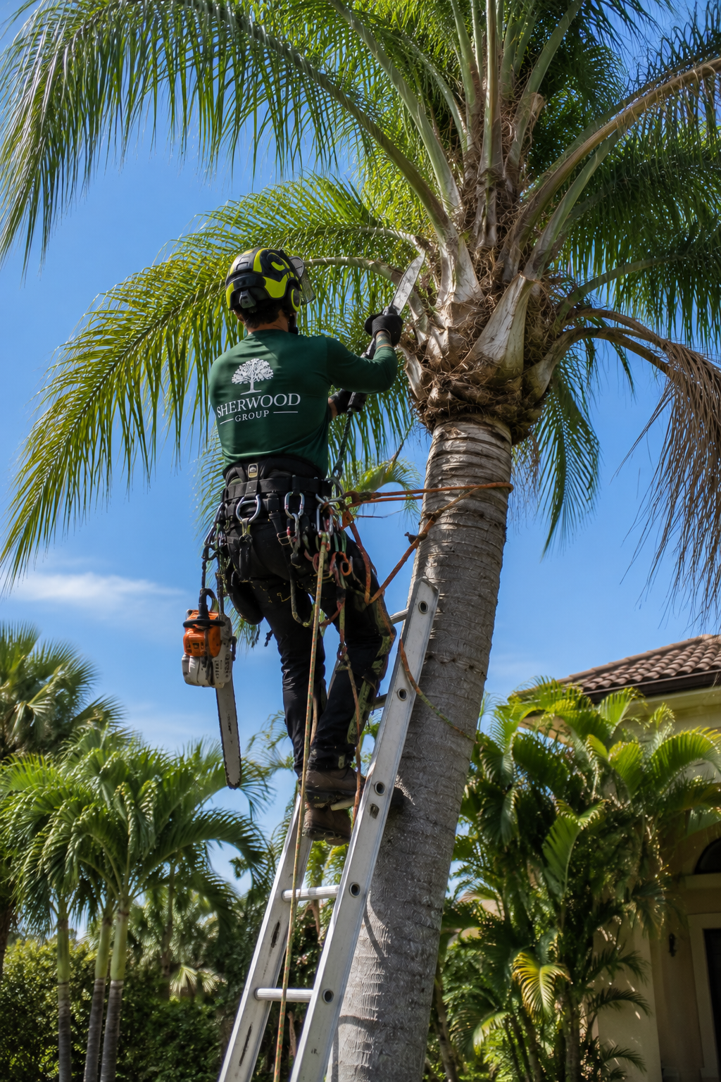 A worker trimming a palm tree using a ladder, wearing safety gear, under bright sunny sky.