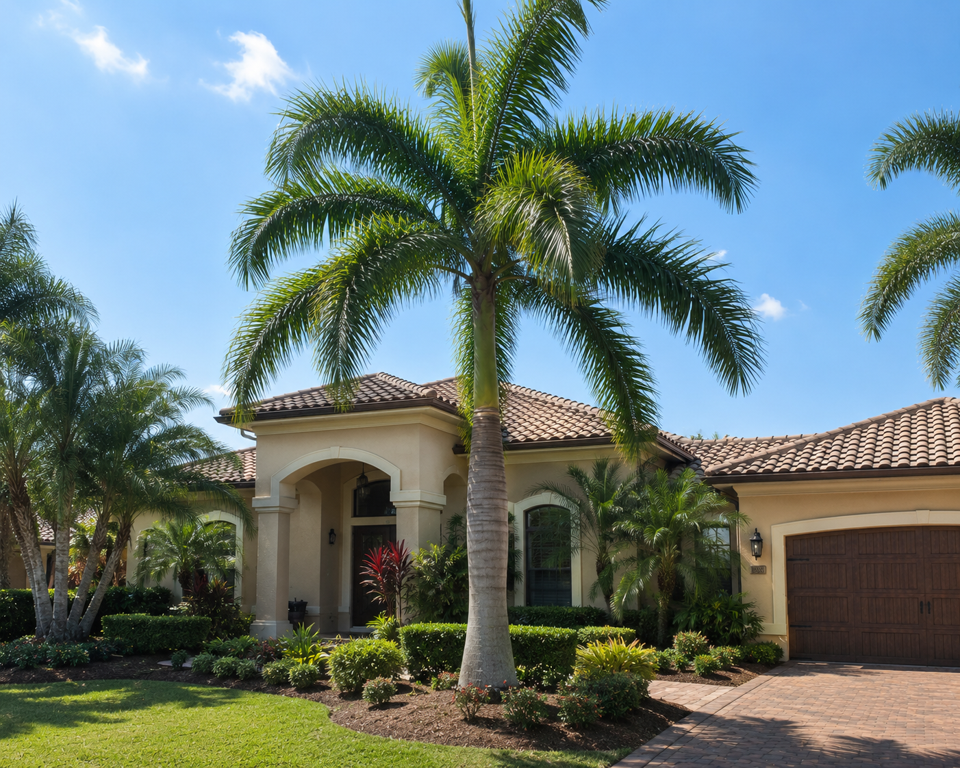 Front view of a house with a tiled roof, surrounded by lush tropical plants and a large palm tree, under a bright blue sky.