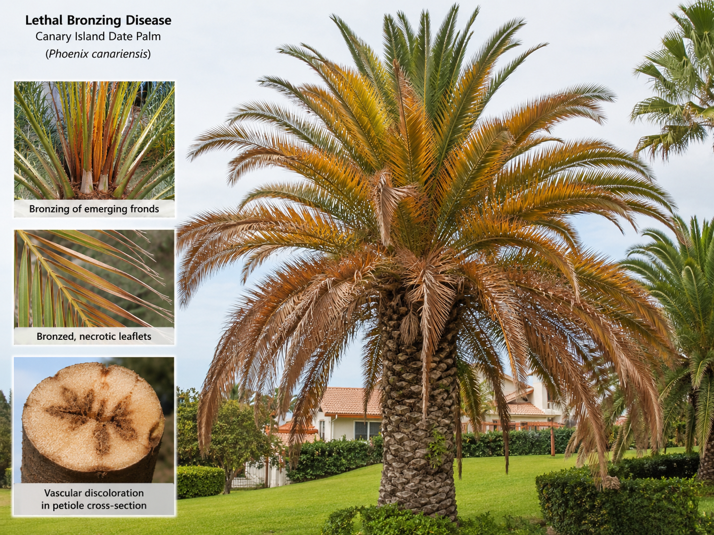 A large Canary Island Date Palm tree showing signs of lethal bronzing disease with brown and yellow fronds, brown necrotic leaflets, and vascular discoloration in the trunk cross-section. Smaller inset images display close-ups of bronzing of emerging fronds, necrotic leaflets, and cross-section of the trunk.