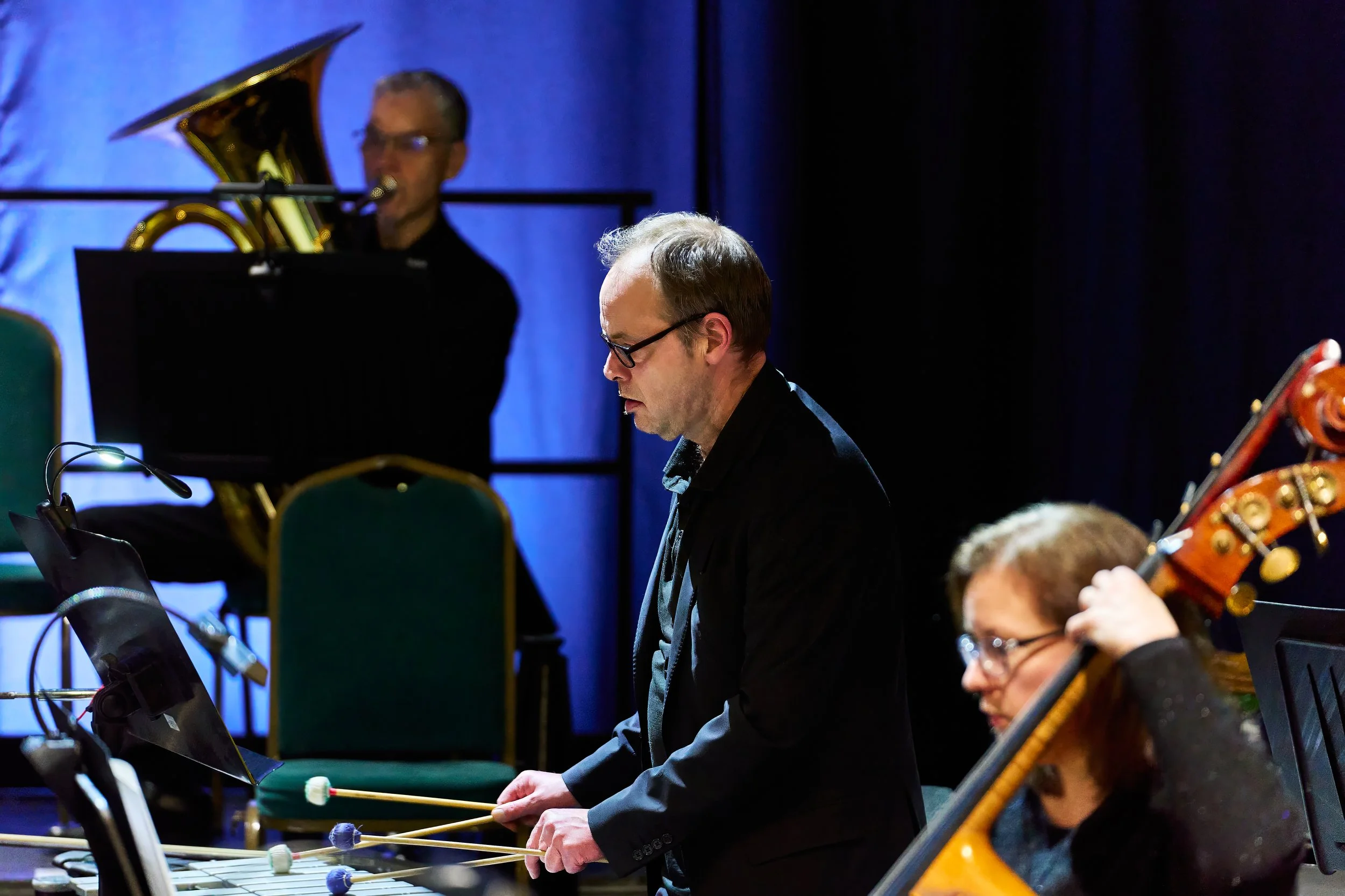 Percussionist Matt Turner playing the vibraphone on stage with Bath Philharmonic Orchestra.