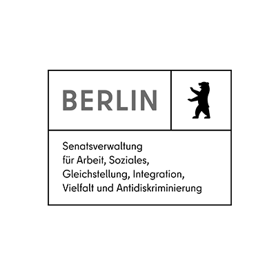 Logo mit der Aufschrift 'BERLIN' und einem Bären sowie Text zu Senatorenverwaltung für Arbeit, Soziales, Gleichstellung, Integration, Vielfalt und Antidiskriminierung.
