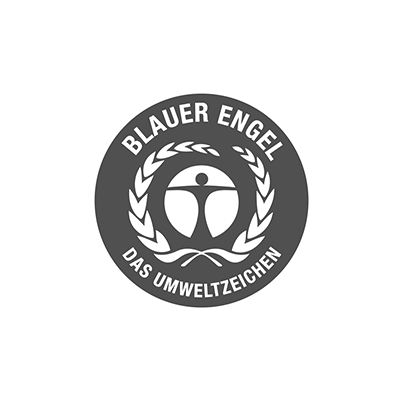 Logo des Blauen Engels, eines Umweltzeichens, bestehend aus einem weißen Engelsfigur in der Mitte, umgeben von einem Kreis mit Laubkreis und dem Schriftzug 'Blauer Engel', 'Das Umweltzeichen'. 