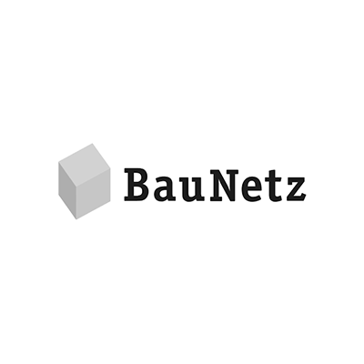 Logo von BauNetz mit grauem Würfel und schwarzem Schriftzug.