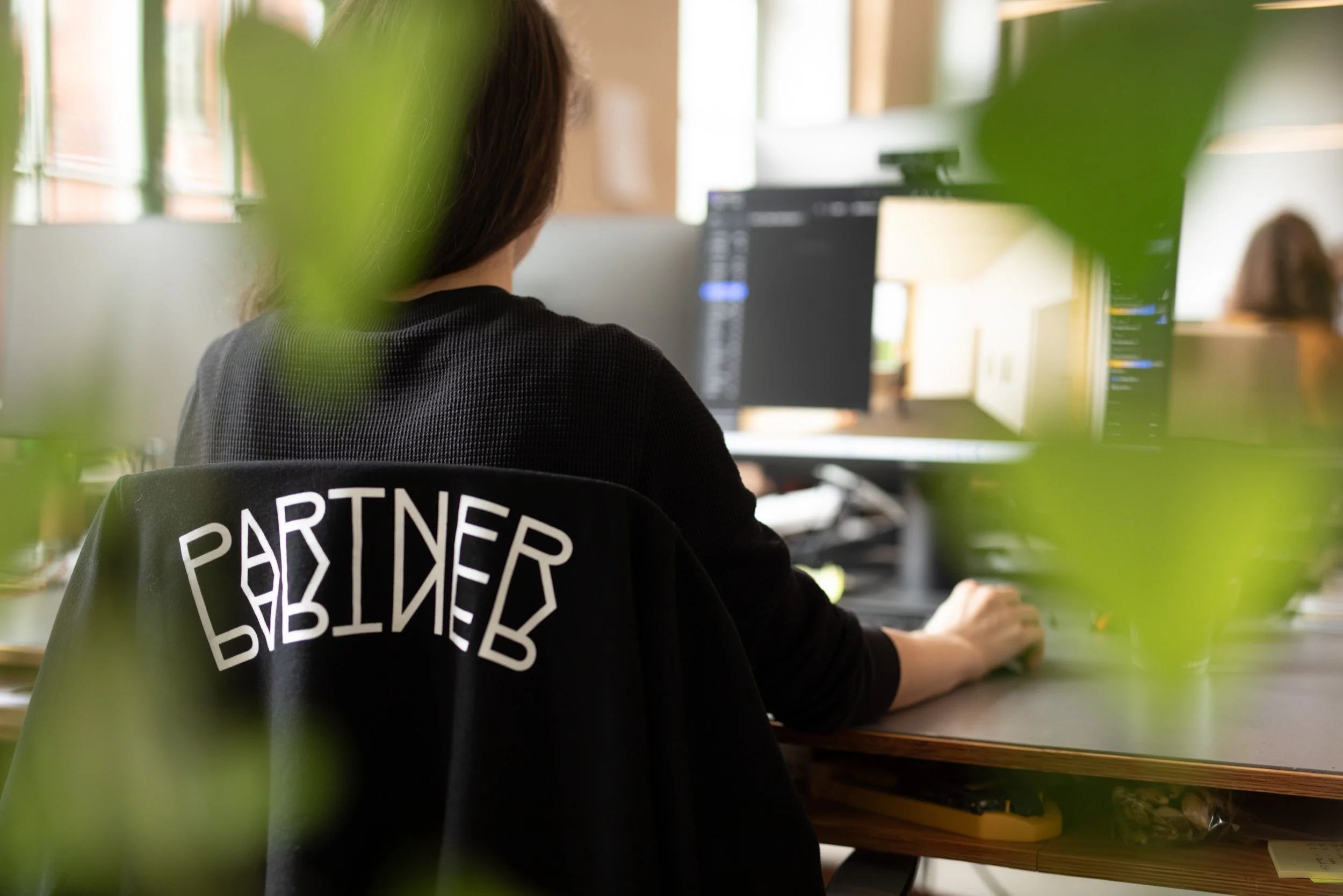 Eine Person arbeitet an einem Computer in einem hellen Raum, durch Pflanzen im Vordergrund sichtbar.