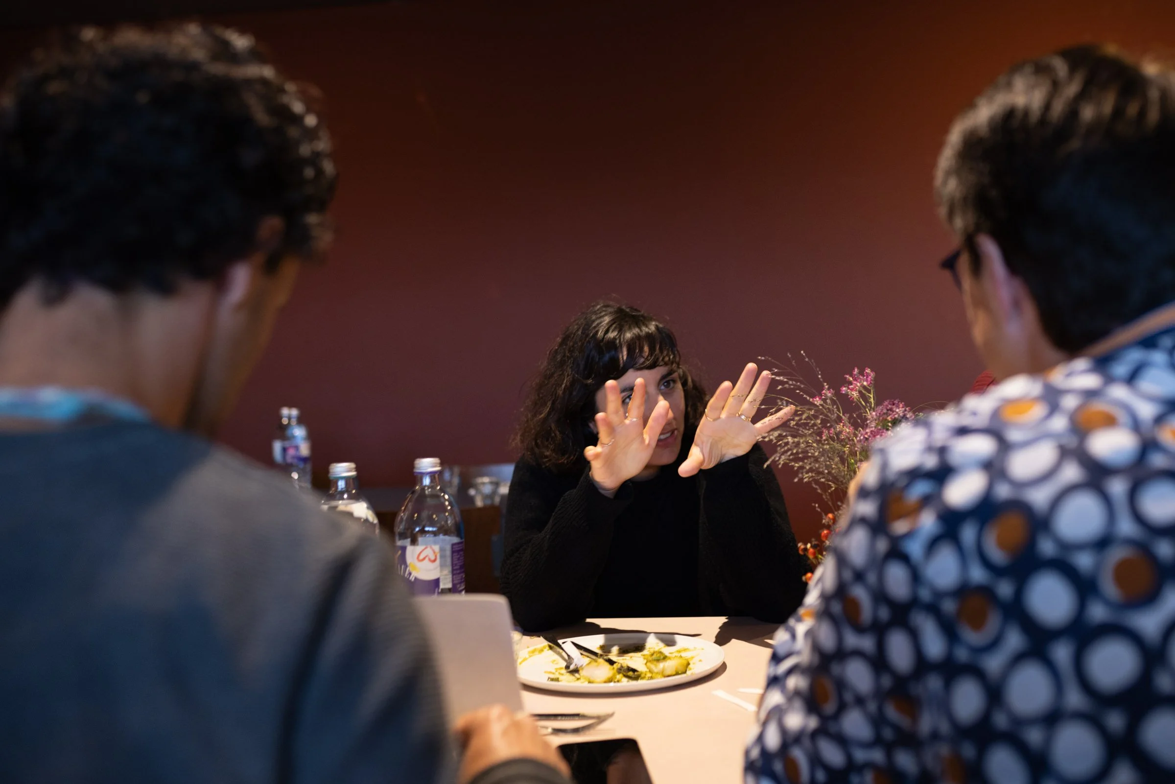 Drei Menschen sitzen an einem Tisch, eine Frau spricht und gestikuliert während die anderen zuschauen, auf dem Tisch ist Essen und Getränke, im Hintergrund eine rote Wand.