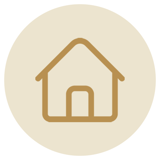 Icon of a house with a gabled roof and a front door in a beige circle