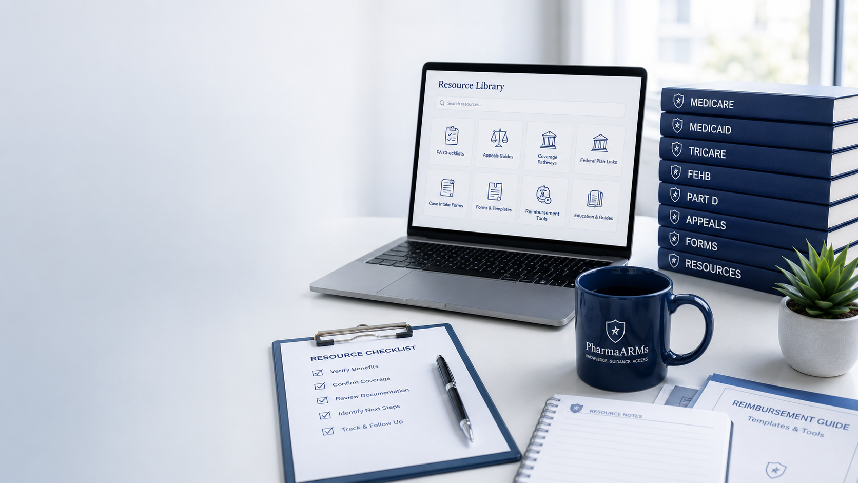 Desk with laptop showing resource library, stacked blue binders labeled Medicaid, Medicare, Tricare, FEHB, Part D, Appeals, Forms, Resources, a blue mug with TabmaARMS logo, a potted plant, a clipboard with resource checklist, a pen, a notebook, and various printed guides related to healthcare resources.