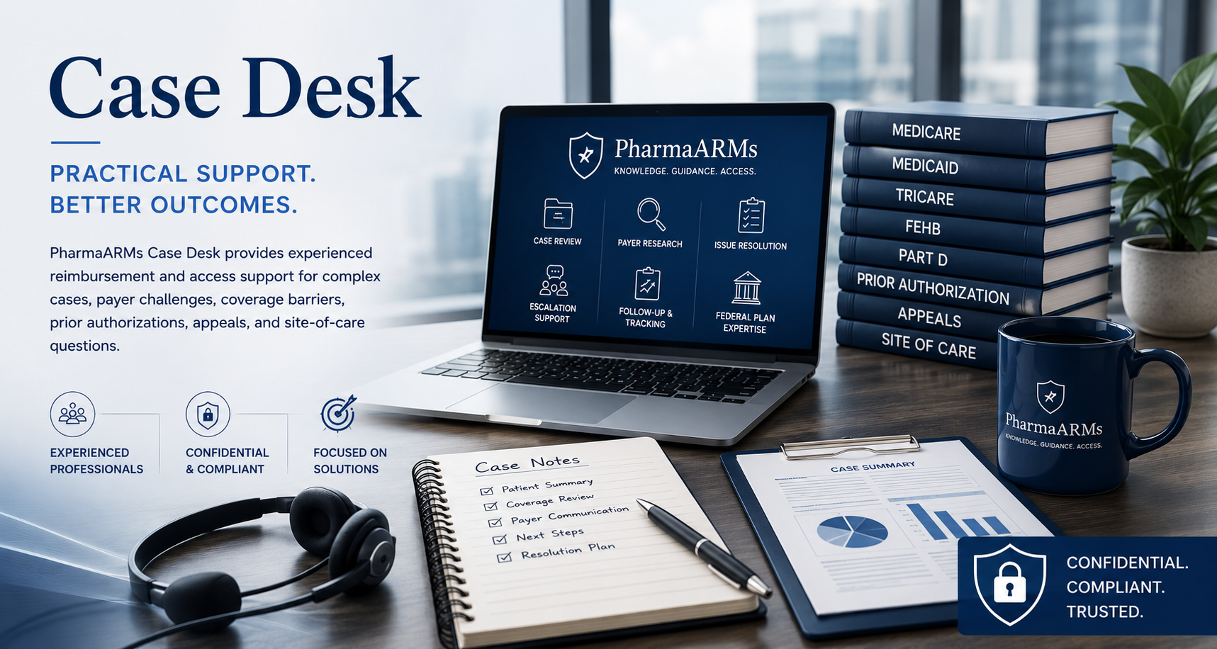 Desk with PharmaARMs branded items: a laptop displaying case review and research icons, a stack of legal books, a corporate mug, a notebook with case notes, a case summary sheet, and a headset, with a potted plant in the background.