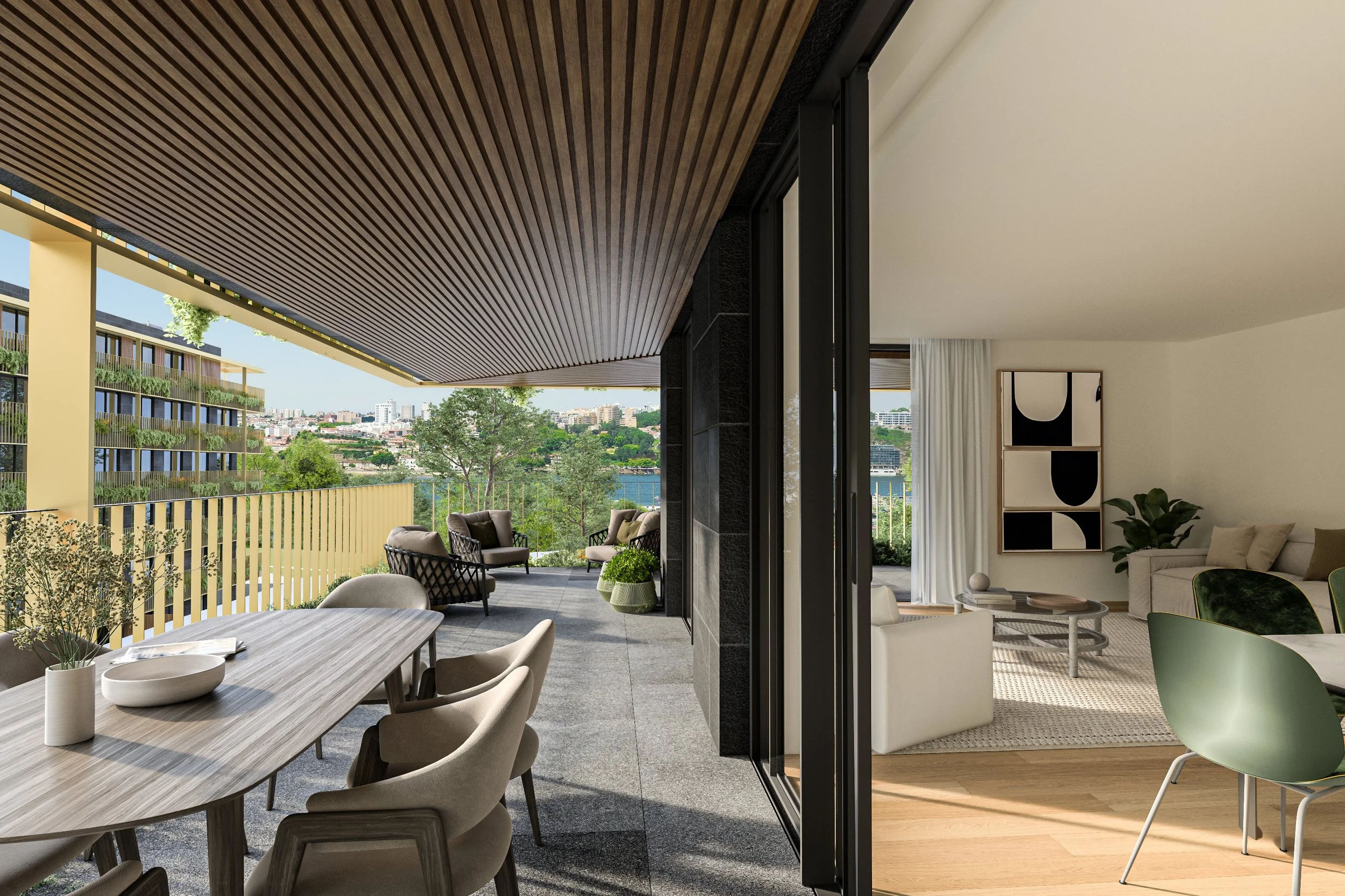 Modern apartment interior with a living room and a balcony, featuring furniture and decor, and a cityscape view.