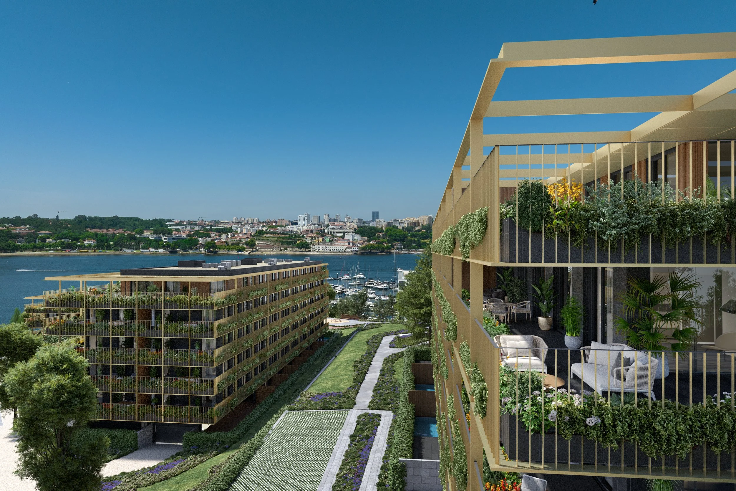 Rendering of modern residential buildings with green rooftop gardens overlooking a city skyline and water, featuring balconies filled with plants and outdoor furniture.