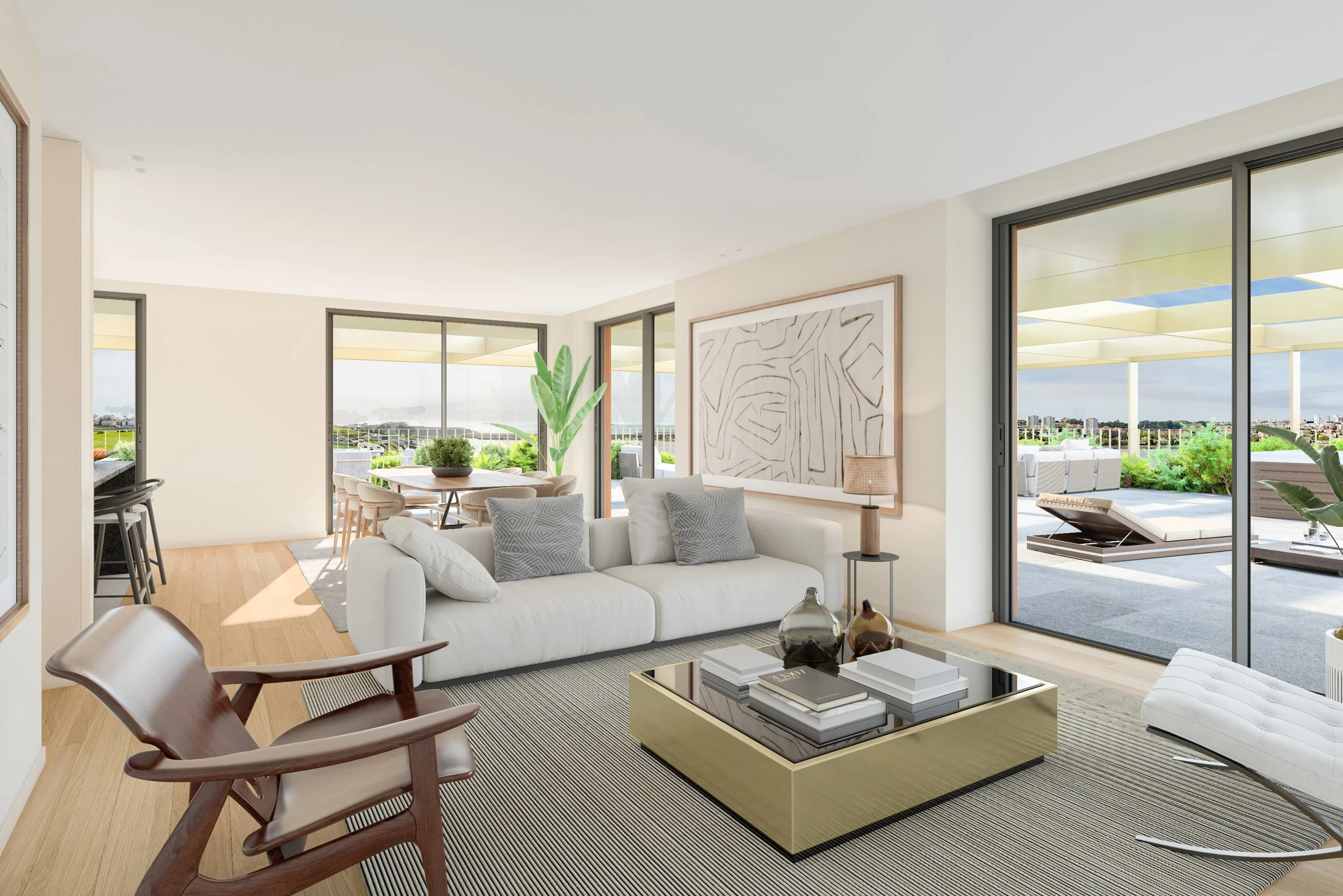 Modern living room with large glass sliding doors leading to an outdoor patio with lounge furniture. The room is decorated with a white sofa, wooden chairs, a black and gold coffee table, and artwork on the wall. There are indoor plants and a view of a cityscape in the distance.