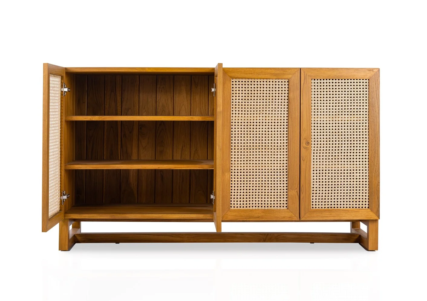 A wooden cabinet with two open doors on the left showing shelves, and two closed doors on the right with a woven rattan pattern.