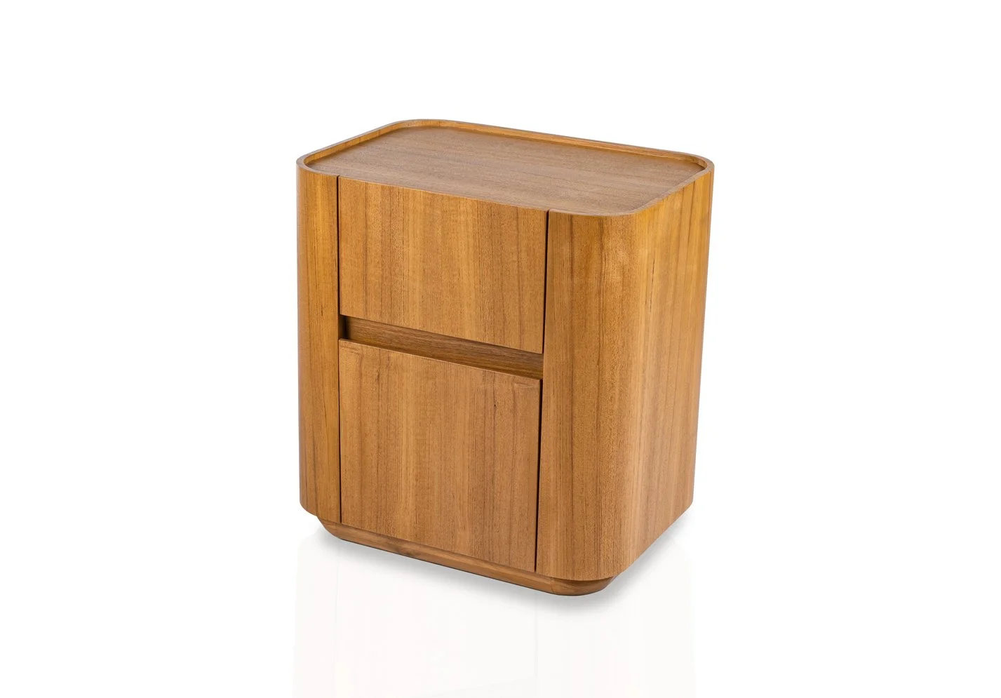 A small wooden cabinet with a rounded rectangular shape, featuring a top surface, a drawer, and a cabinet door below, all made of light-colored wood.