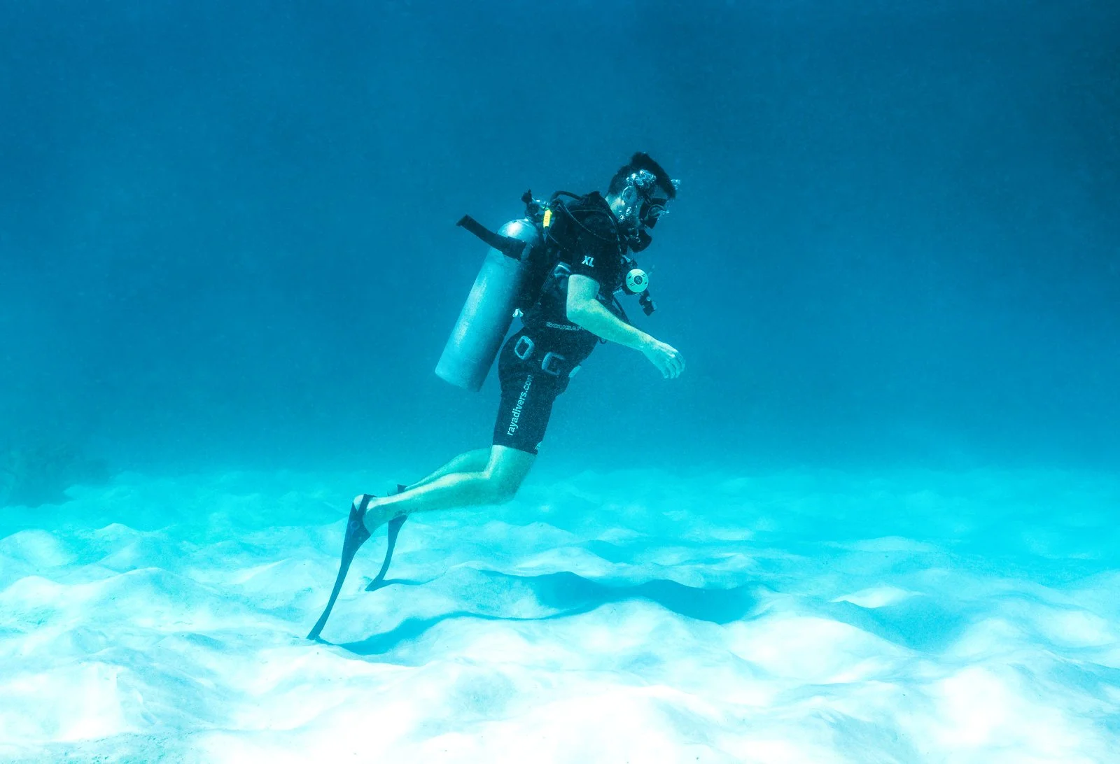A scuba diver swimming underwater with a scuba tank, wearing fins and mask.