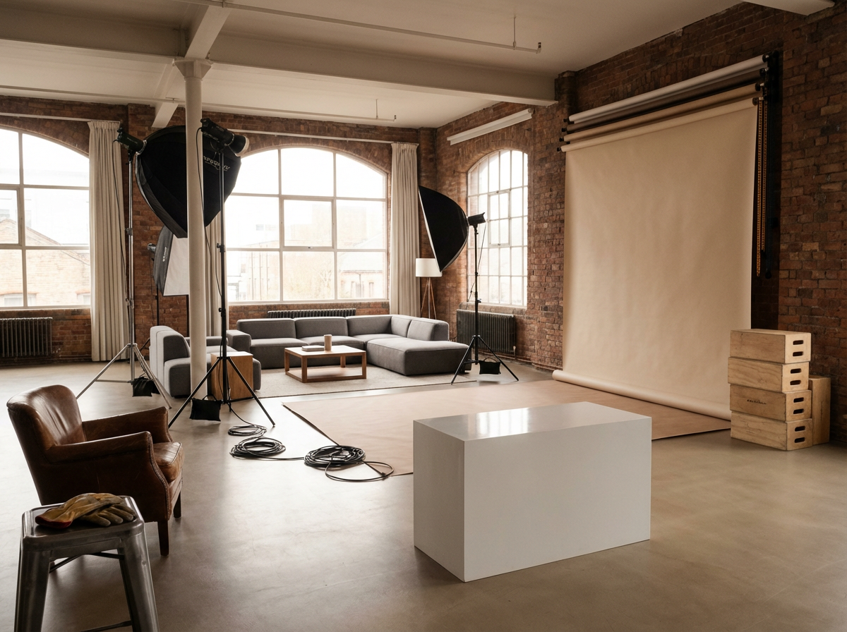An empty photography studio with brick walls and large windows, a sectional sofa with a coffee table, studio lighting equipment, a backdrop, and some wooden props.
