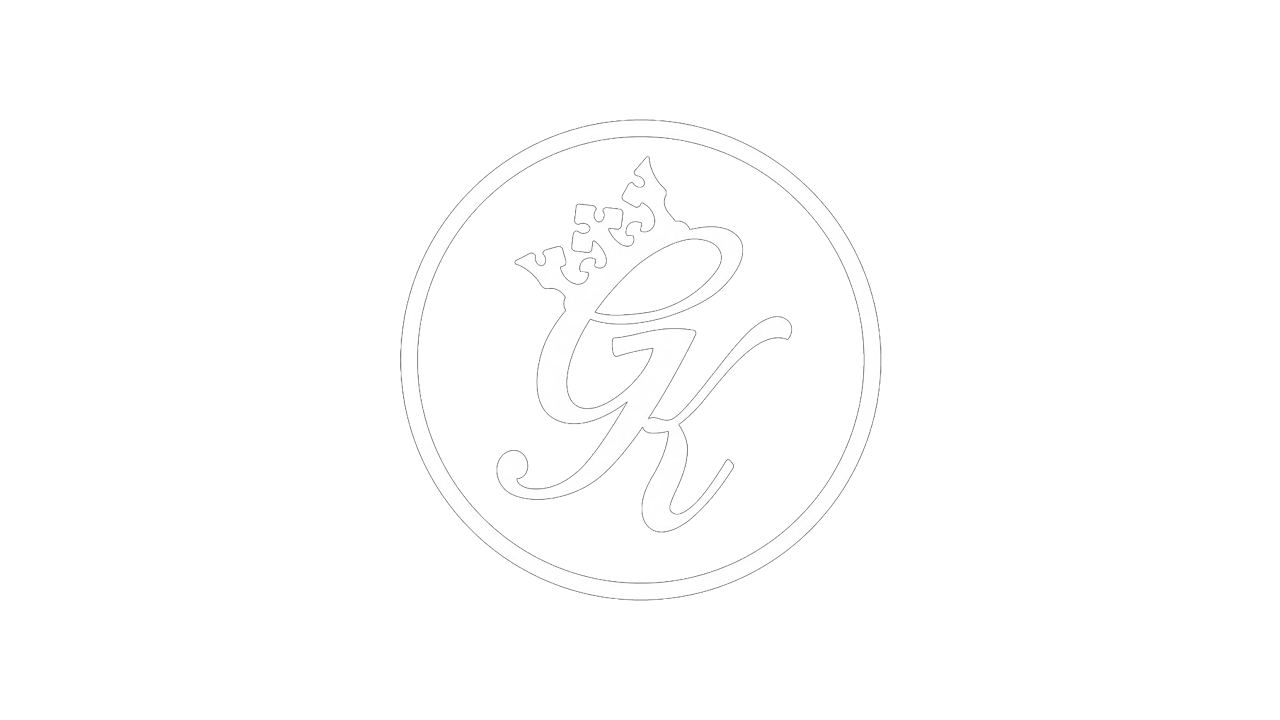 Black background with a white circular logo featuring a crown above a stylized 'G' and 'K' in the center.