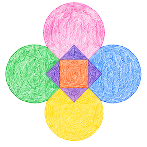 Colorful hand-drawn geometric shapes arranged in a flower pattern with a pink circle at the top, green on the left, blue on the right, yellow at the bottom, and an orange square in the center, connected by purple diamonds.