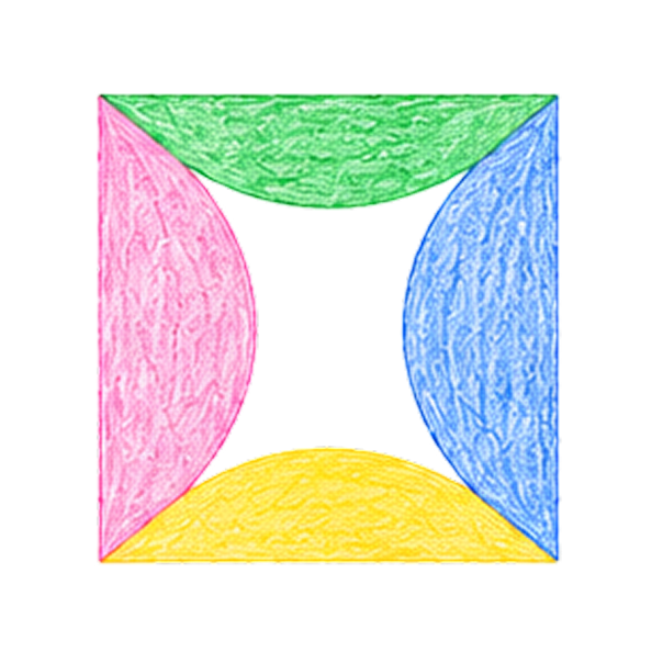 Colorful drawing of a four-sided shape with curved sides, resembling a kite or a geometric pattern, with pink, blue, green, and yellow sections.