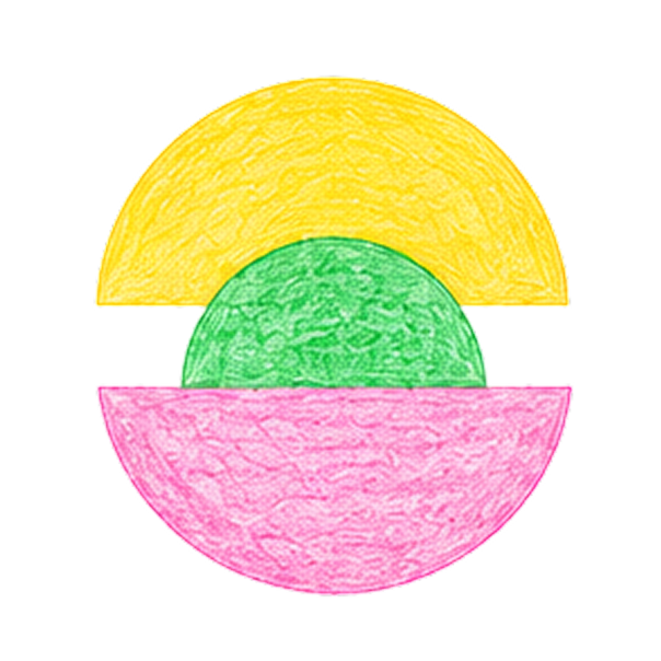 Drawing of three overlapping semi-circles in yellow, green, and pink, resembling a stylized rainbow or abstract shape.