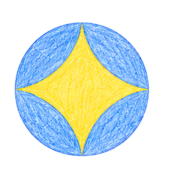 Colorful hand-drawn circular design with a yellow diamond shape in the center, surrounded by blue shading.