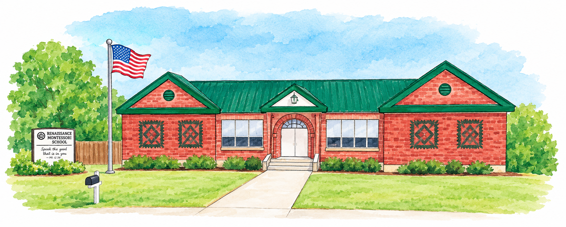 Watercolor illustration of Renaissance Montessori School building with brick exterior, green roof, and decorated windows, American flag, trees, sign, and mailbox in front.