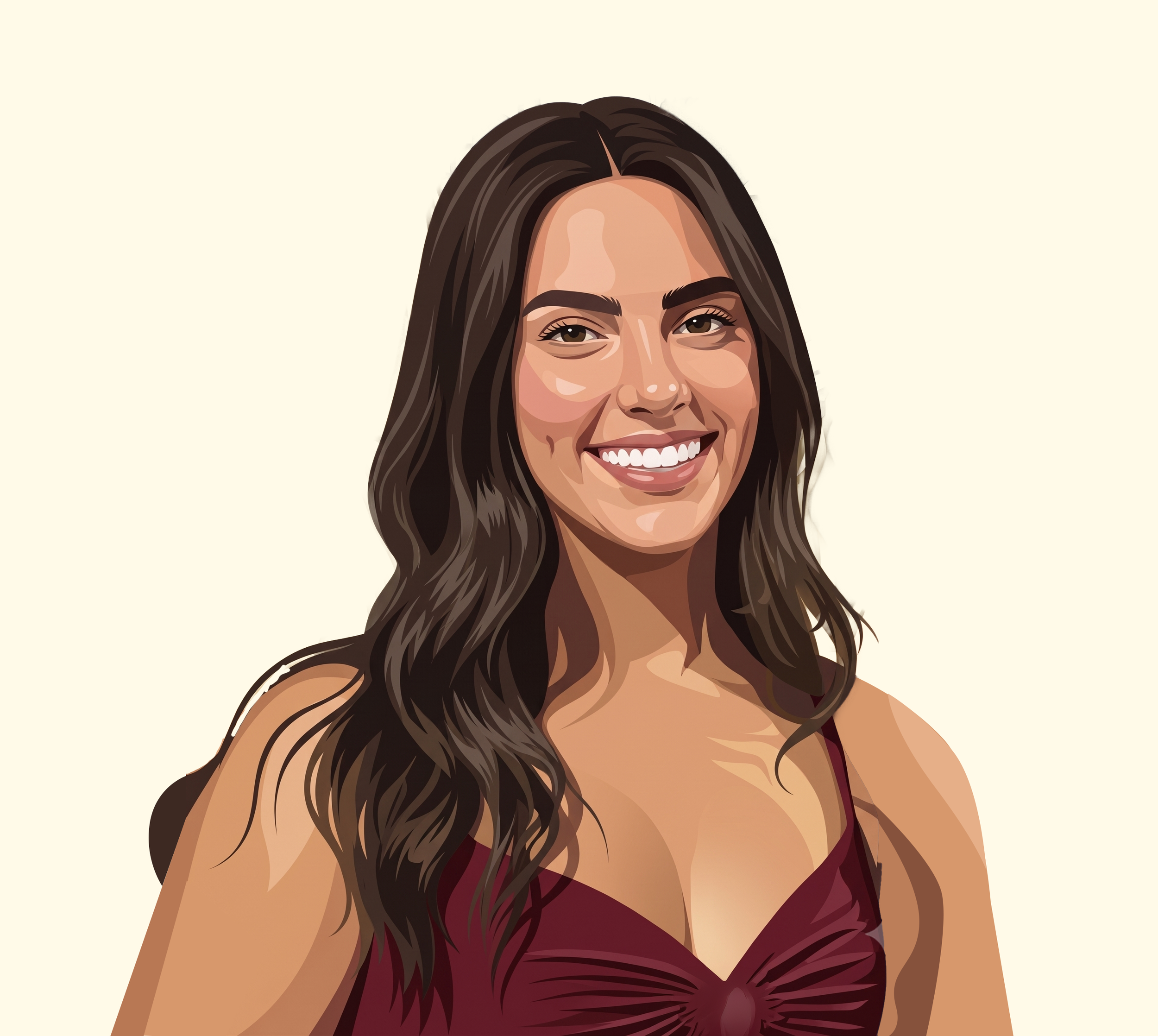 Digital illustration of a woman with long dark hair, smiling, wearing a red dress with spaghetti straps, against a plain light background.