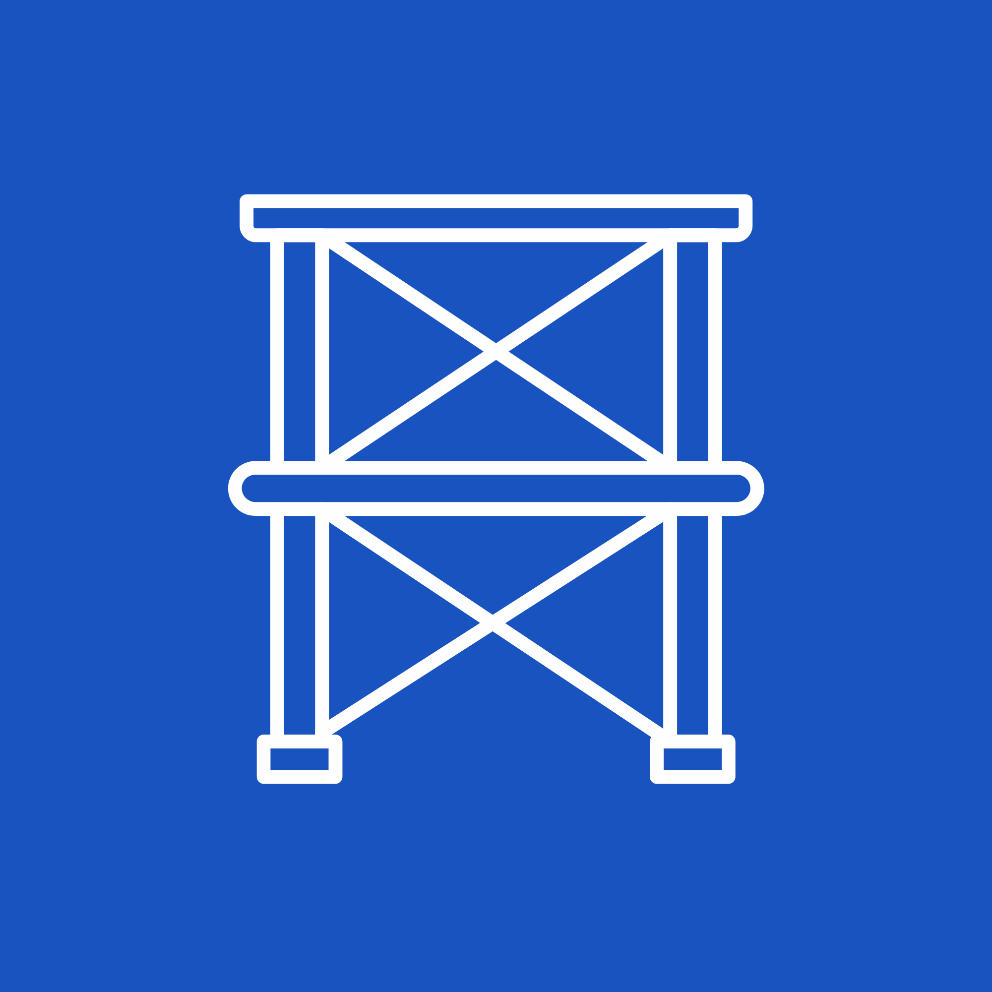Icon of a scaffold in white on a blue background.