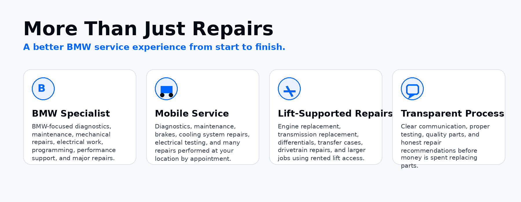 Website section titled 'More Than Just Repairs' with a subtitle 'A better BMW service experience from start to finish.' Below are four information cards with icons and descriptions for BMW services: 1) BMW Specialist with a BMW logo icon, covering diagnostics, maintenance, mechanical and electrical repairs. 2) Mobile Service with a truck icon, offering diagnostics, maintenance, brake, cooling system, electrical testing, and in-location repairs. 3) Lift-Supported Repairs with a lift icon, including engine and transmission replacements and larger jobs with rented lift access. 4) Transparent Process with a chat bubble icon, emphasizing clear communication, testing, quality parts, and honest repair recommendations.