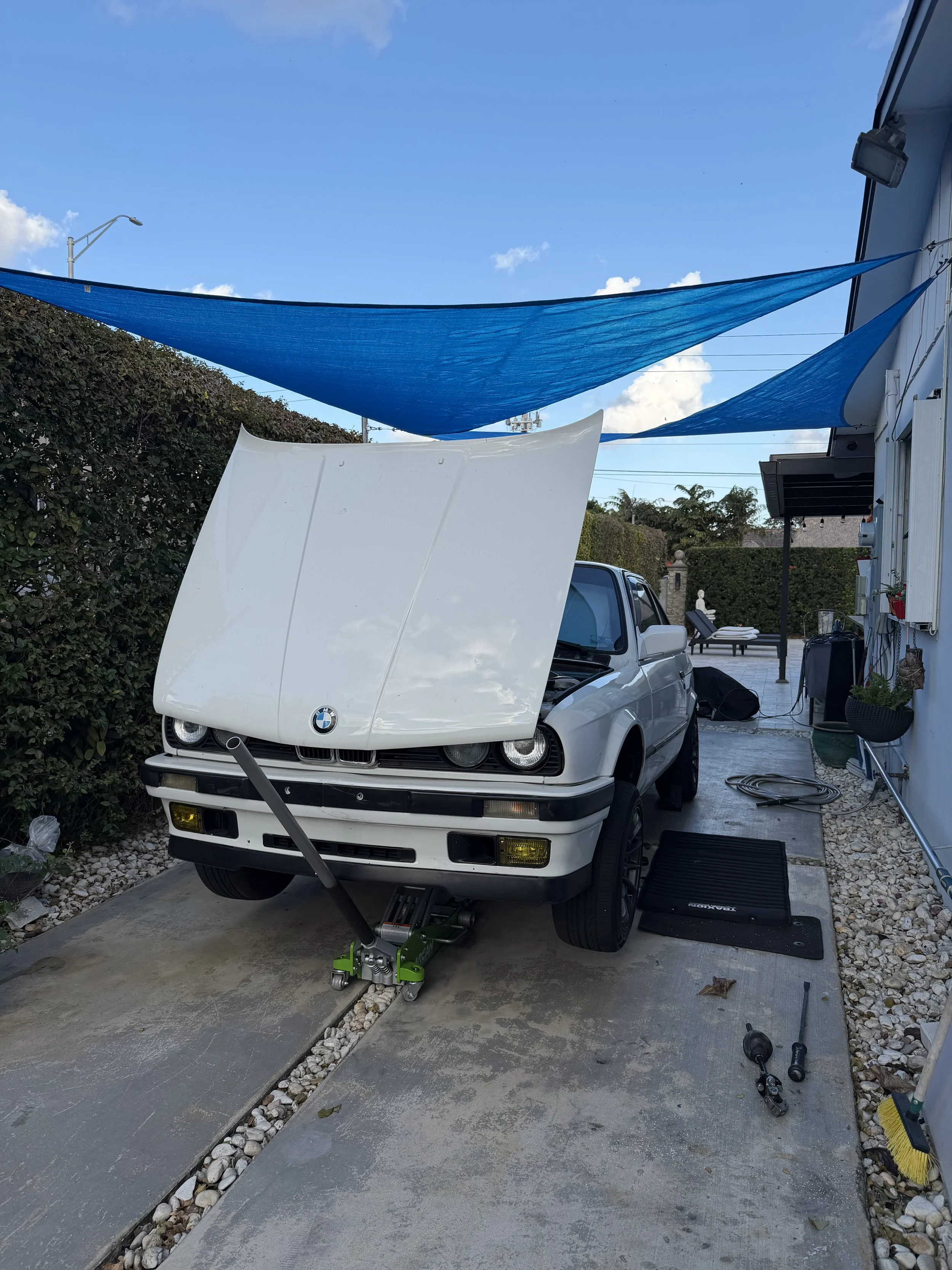 A white vintage BMW car with the hood open, parked on a driveway. The driveway has two concrete slabs with bricks on the sides. A green hydraulic jack is holding the front of the car. There is a hedge on the left, and a house on the right side with v