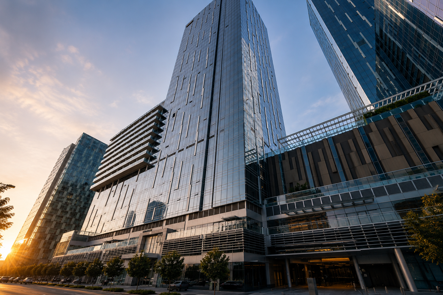 Modern glass skyscrapers at sunset in an urban city.