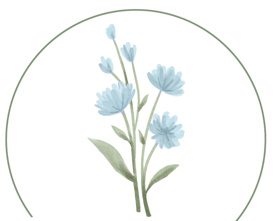 Light blue and white flowers with green stems and leaves inside a circular frame.