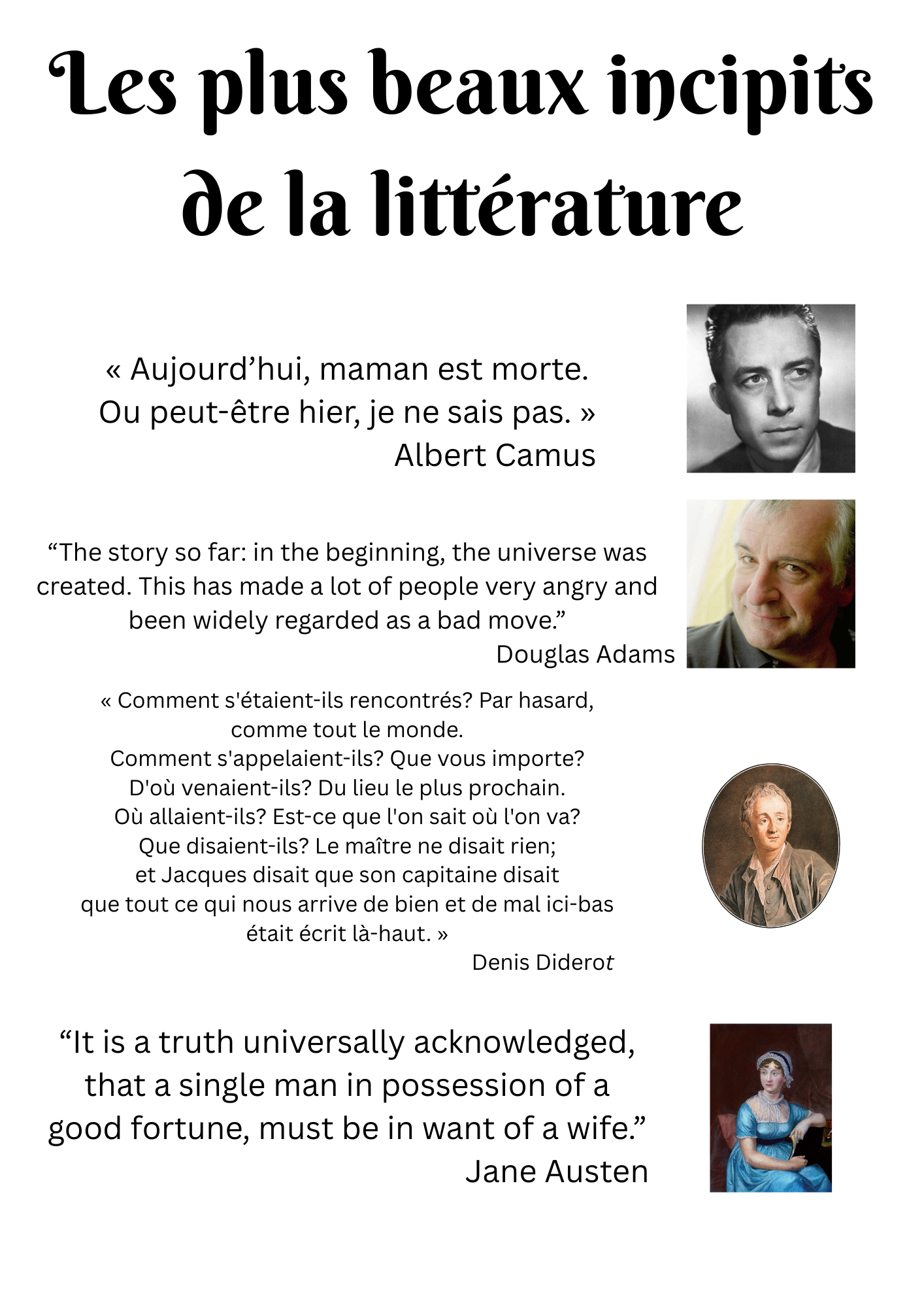 Une affiche avec le titre 'Les plus beaux incipit de la littérature' et plusieurs citations célèbres accompagnées de portraits de leurs auteurs, tels qu'Albert Camus, Douglas Adams, Denis Diderot et Jane Austen.