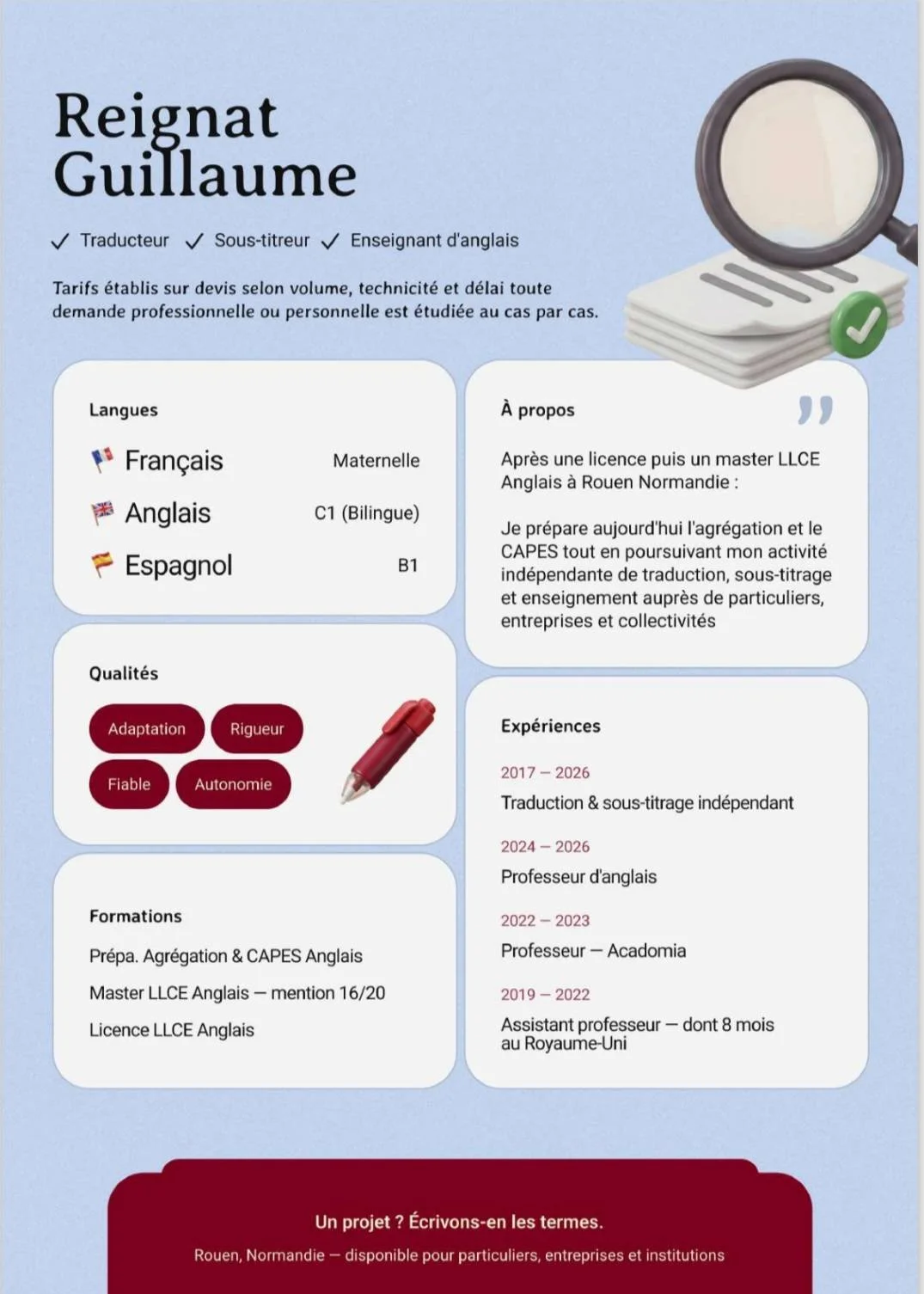 CV d'un professeur d'anglais, M. Reignat, présentant ses compétences, formations, expériences professionnelles, qualités et ses moyens de contact.