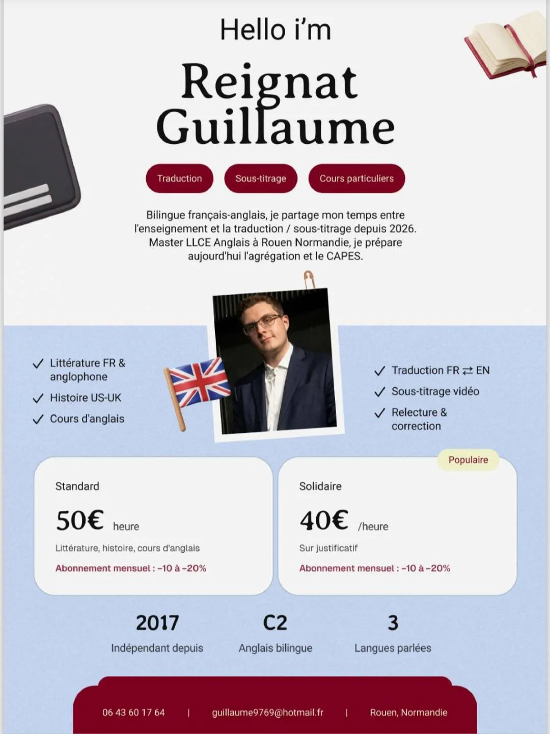 Une annonce pour des cours d'anglais et de traduction bilingue français-anglais avec un professeur particulier diplômé et expérimenté. L'annonce propose des tarifs préférentiels en fonction de l'abonnement ou du revenu.