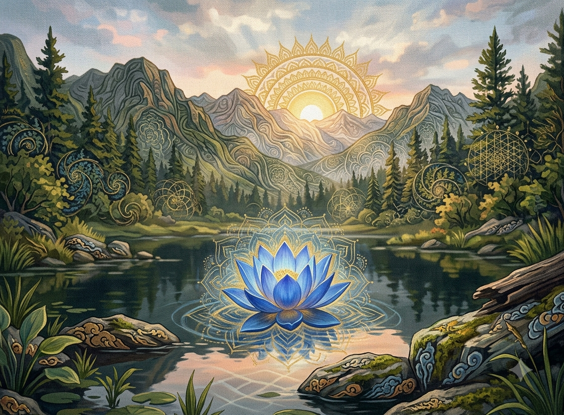 Illustration of a serene mountain landscape at sunrise with a lake, lush trees, and a large glowing blue lotus flower on the water, surrounded by ornate geometric designs.