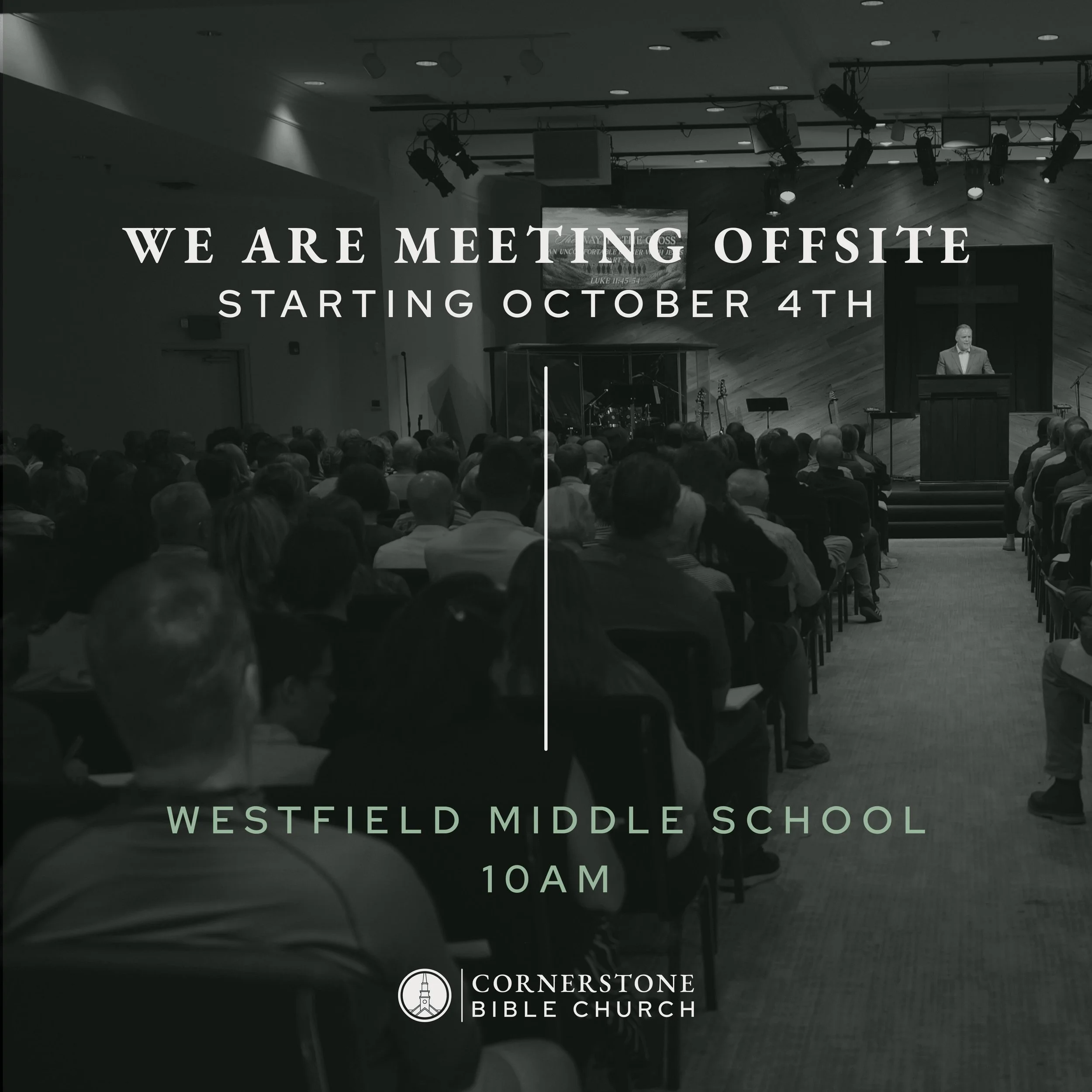We&rsquo;re going offsite!
Beginning October 4, our Sunday worship services will temporarily meet at Westfield Middle School while construction on our new sanctuary is completed.

📍 Westfield Middle School
🕙 Sundays at 10 AM
📅 October 4&ndash;Nove