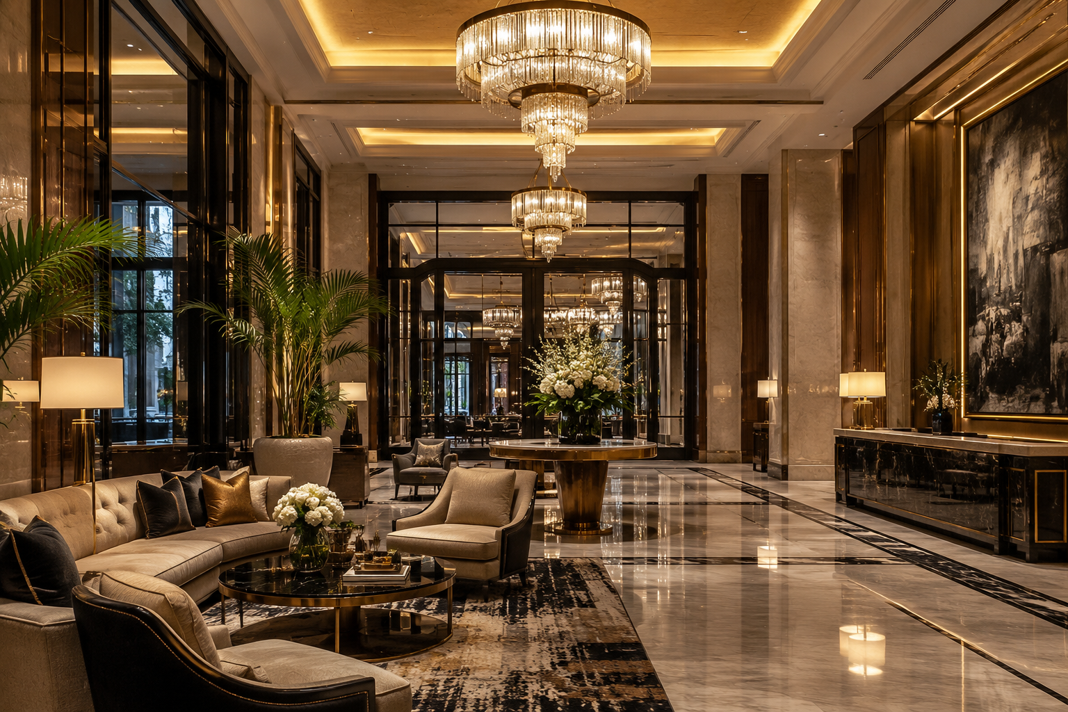 Luxury hotel lobby hosting a Sip & Sign immersive storytelling and cocktail experience for hospitality guests.