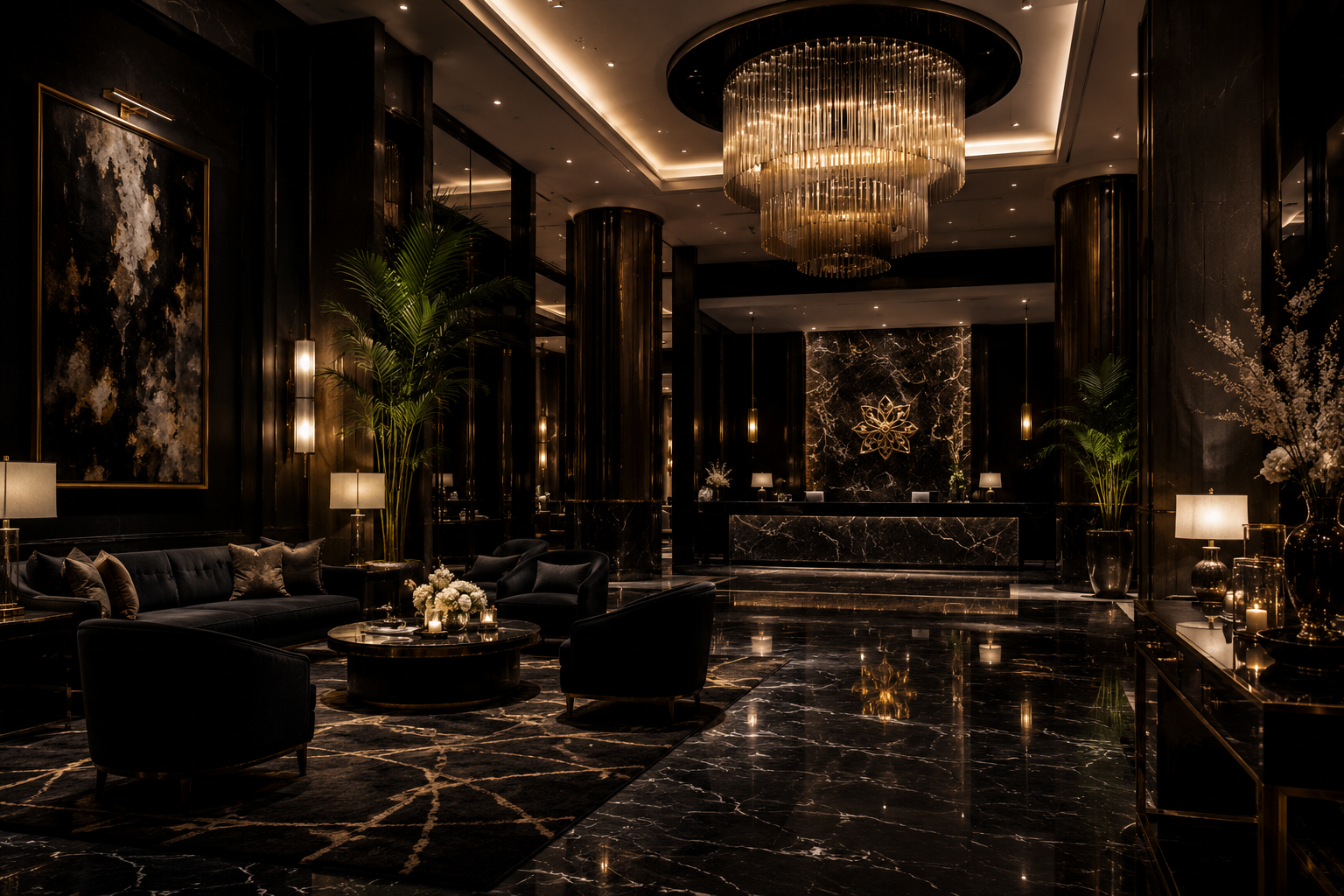 Luxury hotel lobby representing premium venues that host Sip & Sign experiences.