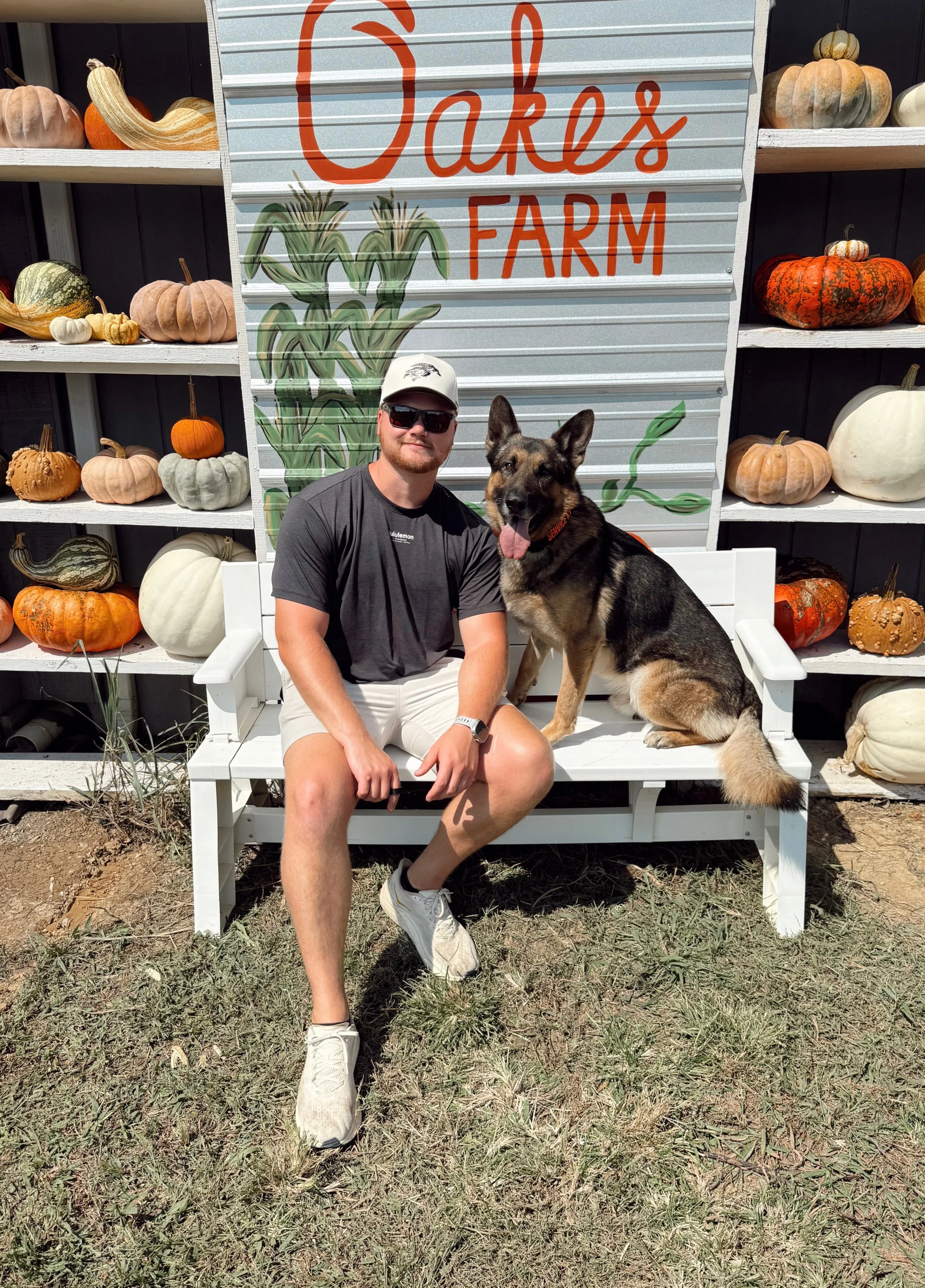 A man and a dog sitting on a white bench in front of a sign that reads 'Cares Farm' with painted corn and vegetables, surrounded by pumpkins.