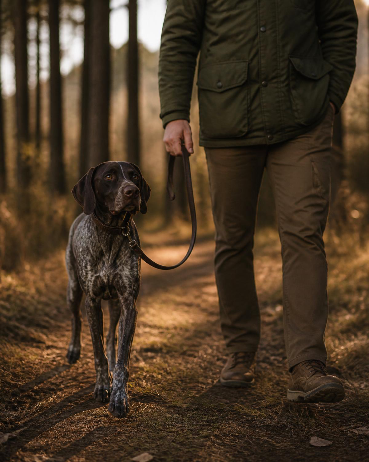 Person walking a German Shorthaired Pointer dog in a forest at sunset.