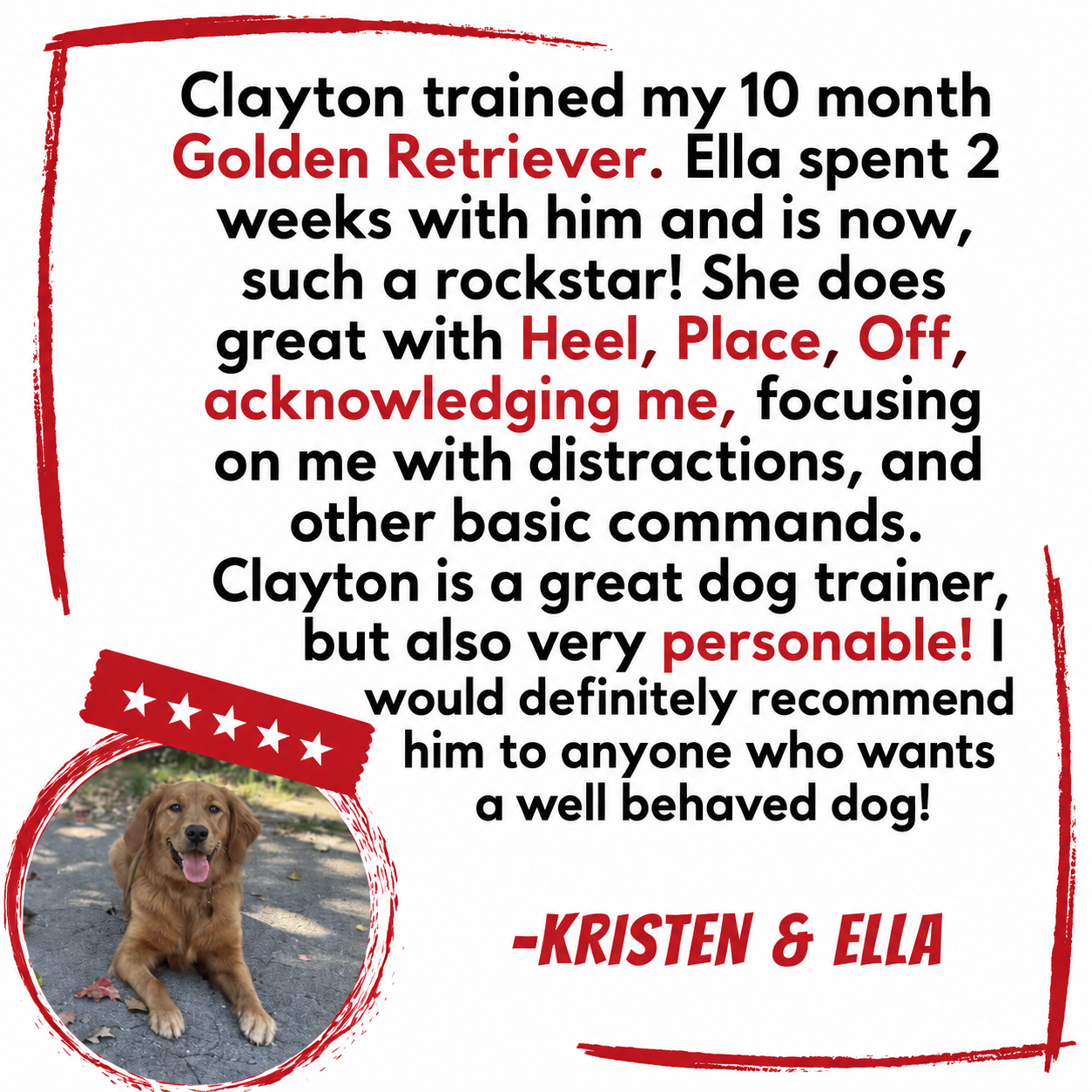 A testimonial letter from Kristen and Ella praising Clayton, a dog trainer, with a picture of a golden retriever puppy in the bottom left corner. The letter highlights Clayton's training skills and personality.