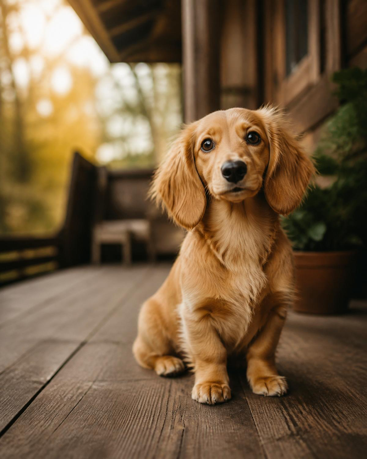 A adorable golden retriever puppy sitting on a wooden porch with a blurred outdoor background during sunset.