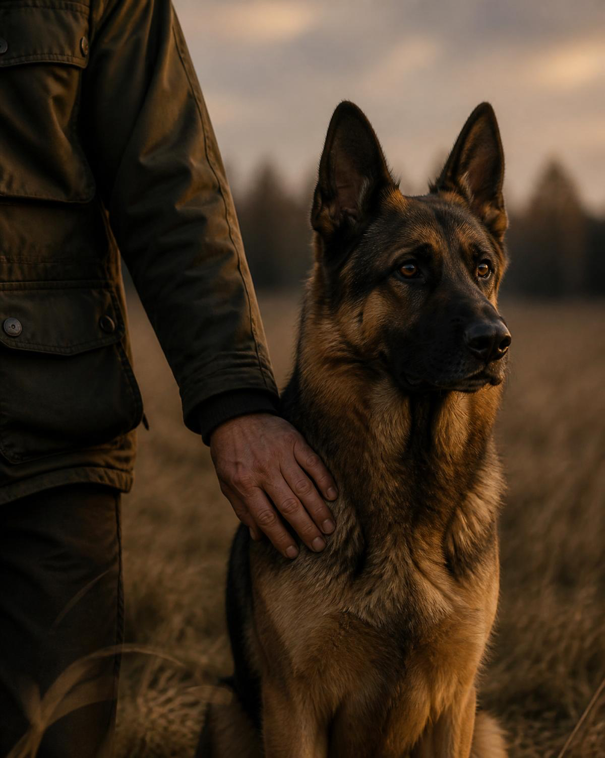 A man in a dark green jacket standing next to a German Shepherd dog outdoors during sunset.