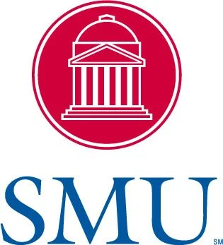 Illustration of a classical building with columns and a dome, within a red circle, above the letters 'SMU' in blue.