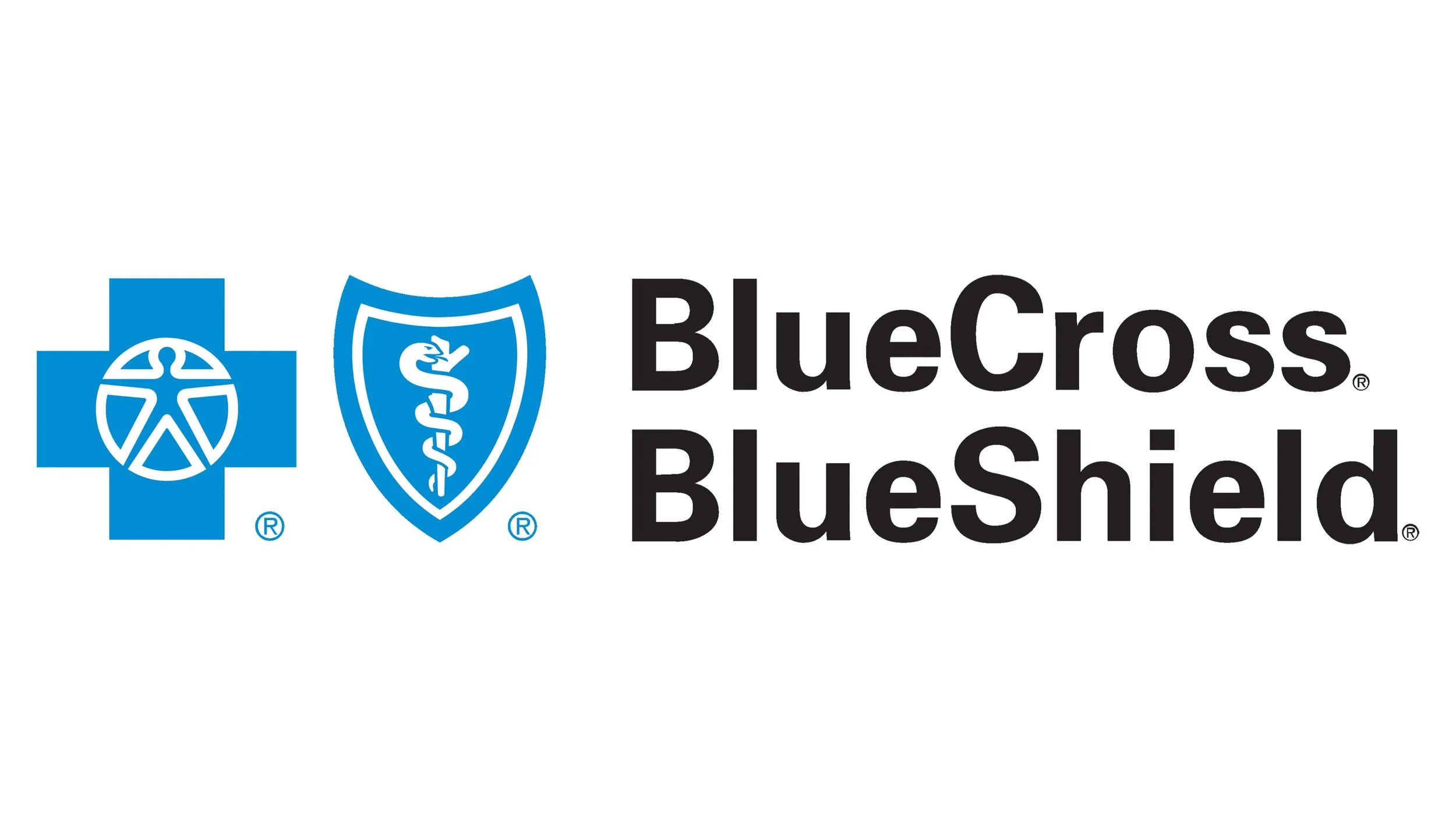 BlueCross BlueShield logo featuring a blue cross with a white silhouette of a person inside and a blue shield with a white medical snake symbol, alongside the text "BlueCross BlueShield" in black.