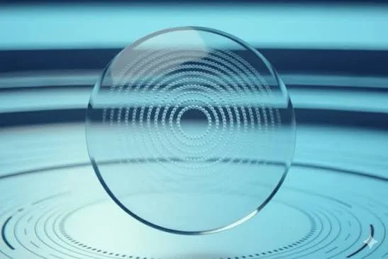A clear glass sphere placed on a surface with concentric circles, reflecting a pattern of horizontal lines and a blue background.